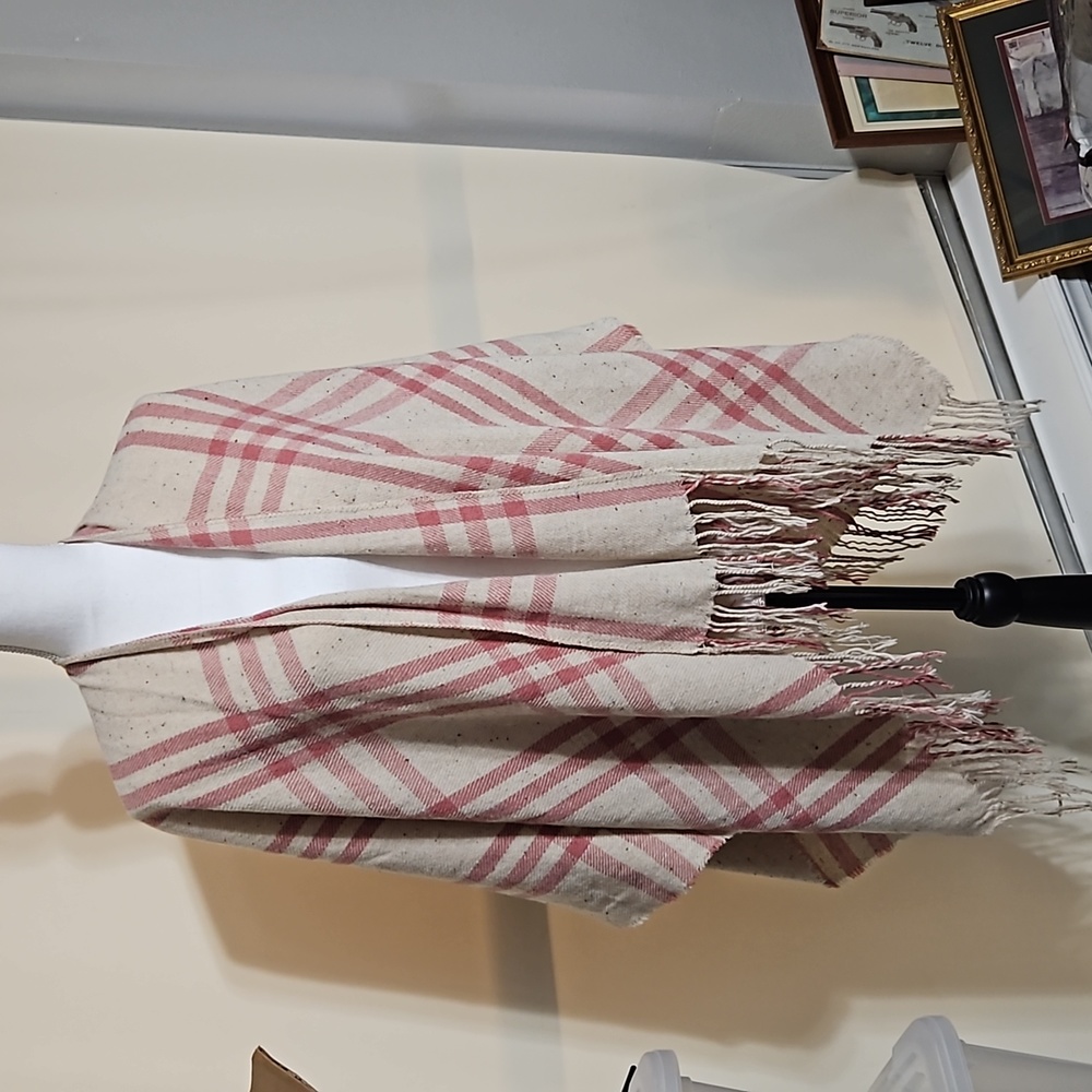 Cream and Pink Plaid Fringe Cape Coat